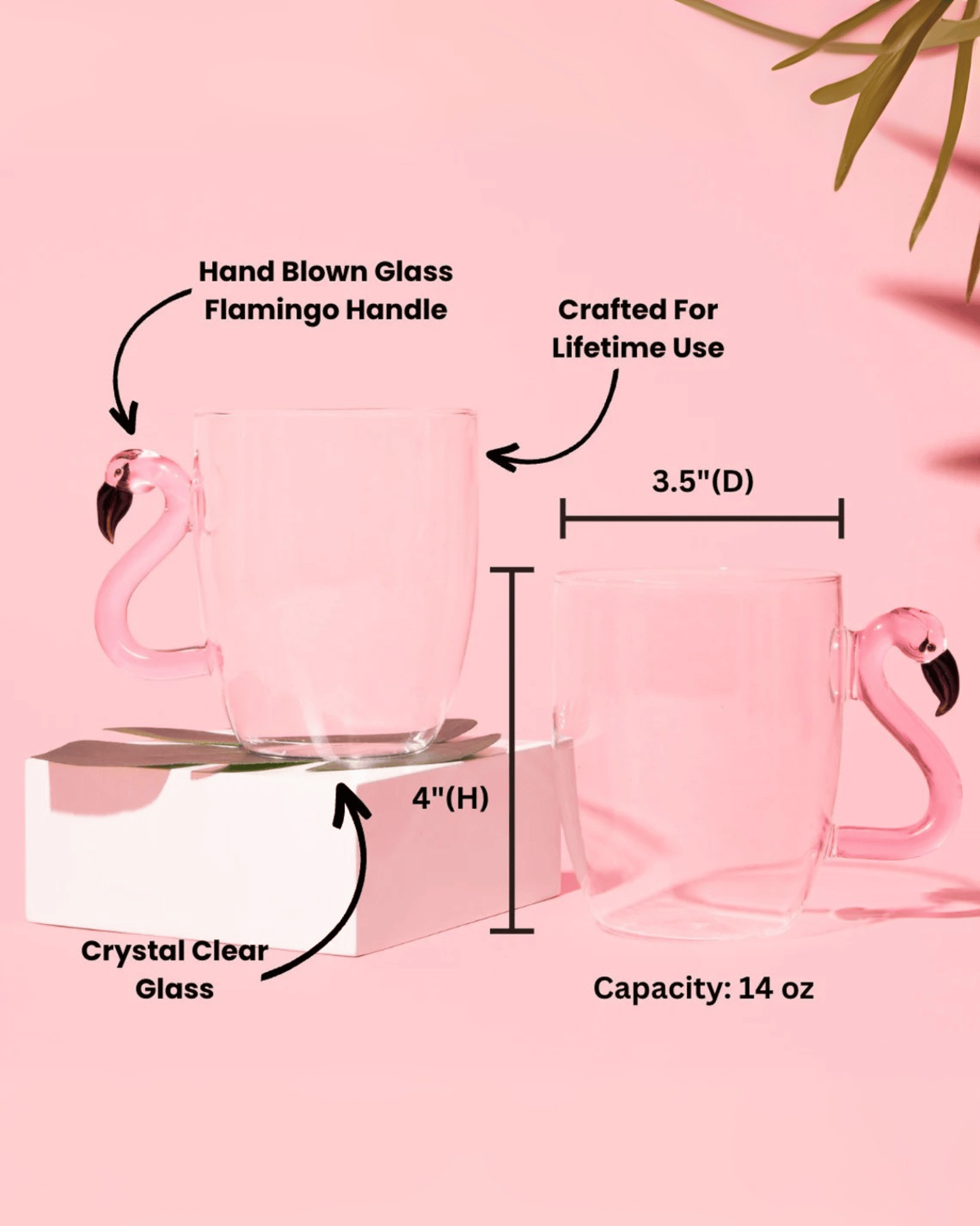 Crystal Clear Art Sculpted Hand-Blown Flamingo Glass Mugs Set